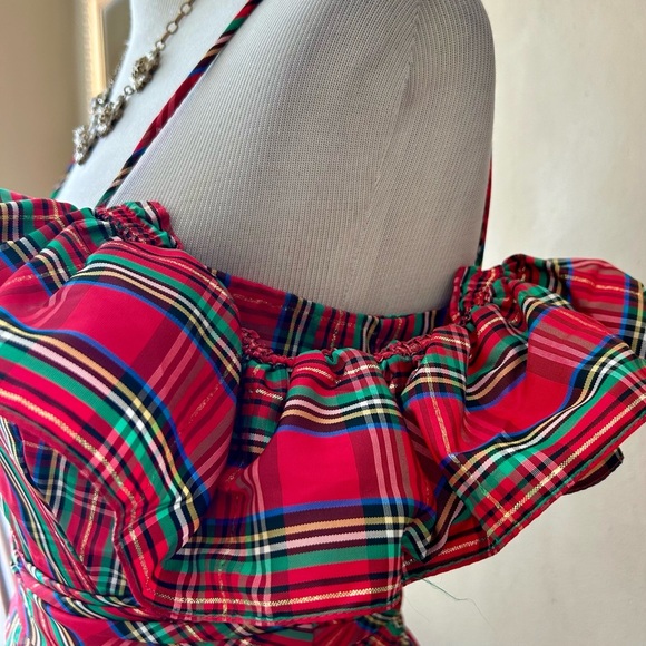 Vintage 1970s Red Royal Stewart Tartan Plaid Ruffle Off Shoulder Maxi Dress XS - Picture 11 of 16